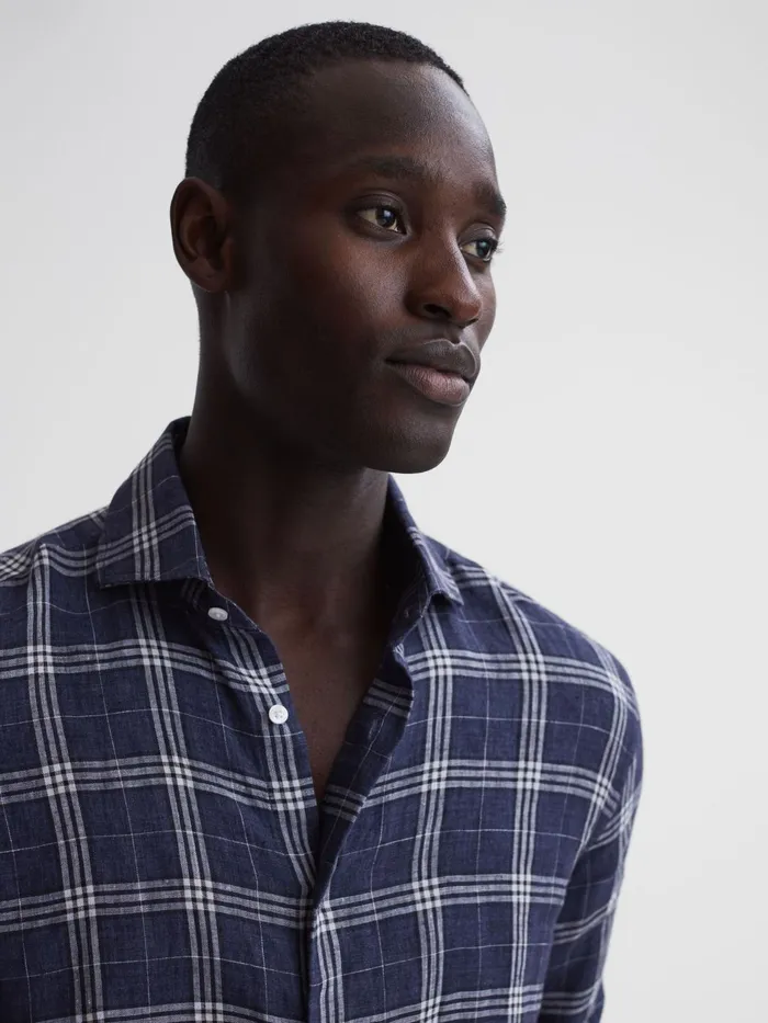 Reiss Shirts Ruban Linen Long Sleeve Shirt Blue Check 8211 Men