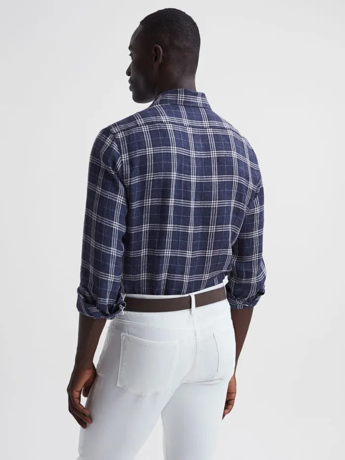 Reiss Shirts Ruban Linen Long Sleeve Shirt Blue Check 8211 Men