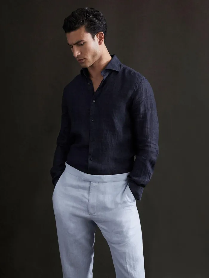 Reiss Shirts Ruban Linen Long Sleeve Shirt Navy 8211 Men
