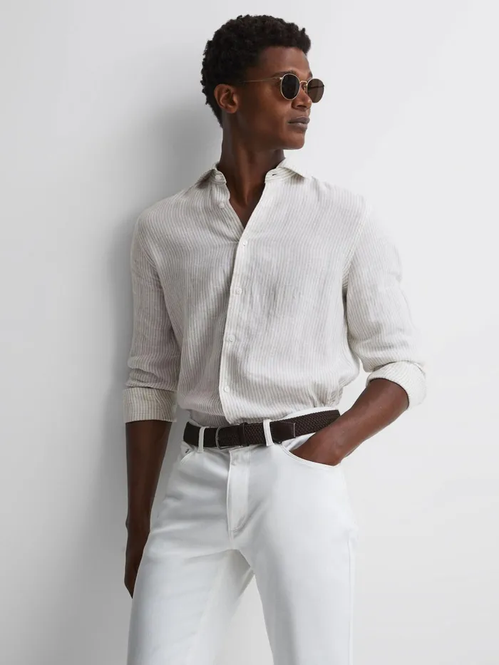 Reiss Shirts Ruban Linen Long Sleeve Shirt Oatmeal Stripe 8211 Men
