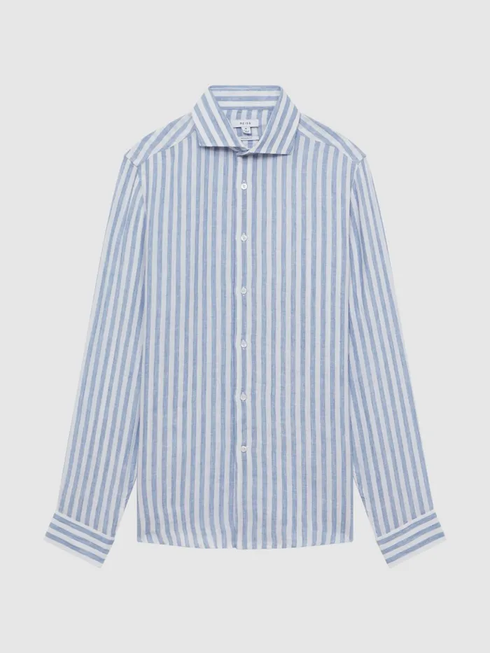 Reiss Shirts Ruban Linen Long Sleeve Shirt Soft Blue Herringbone Stripe 8211 Men