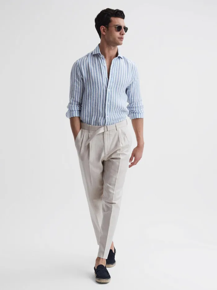 Reiss Shirts Ruban Linen Long Sleeve Shirt Soft Blue Herringbone Stripe 8211 Men