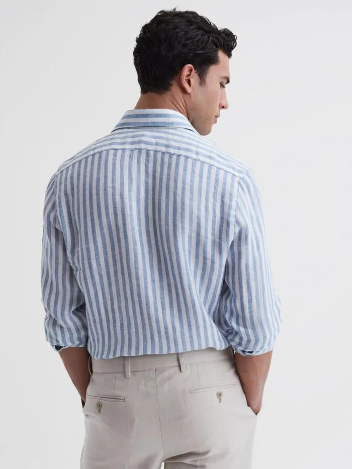 Reiss Shirts Ruban Linen Long Sleeve Shirt Soft Blue Herringbone Stripe 8211 Men
