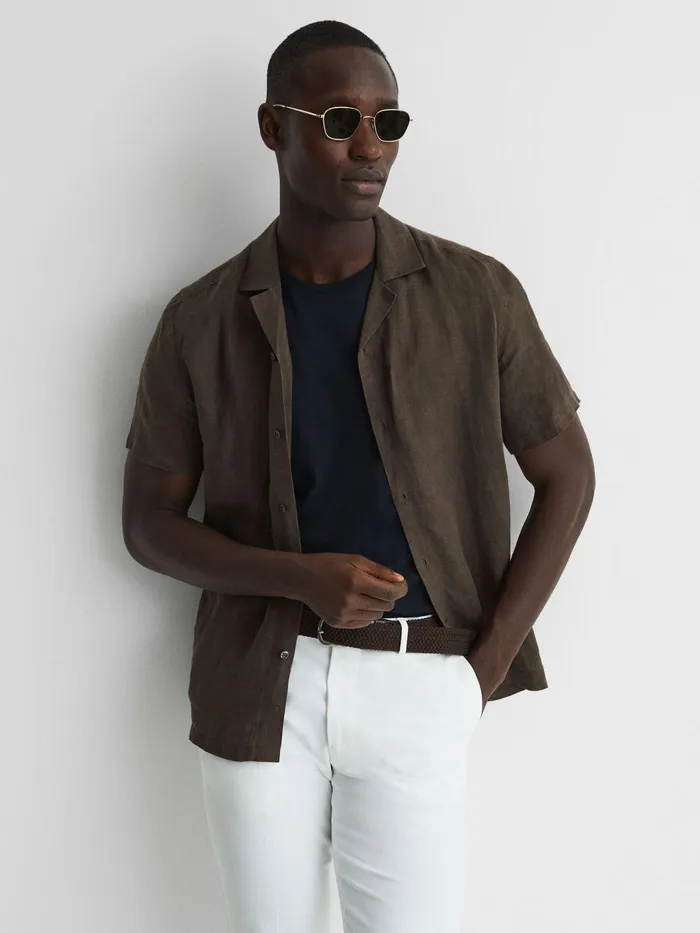 Reiss Shirts Rufus Regular Fit Linen Cuban Collar Shirt Bitter Chocolate 8211 Men