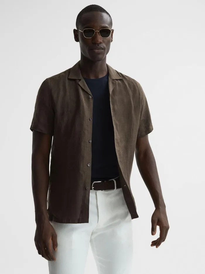 Reiss Shirts Rufus Regular Fit Linen Cuban Collar Shirt Bitter Chocolate 8211 Men