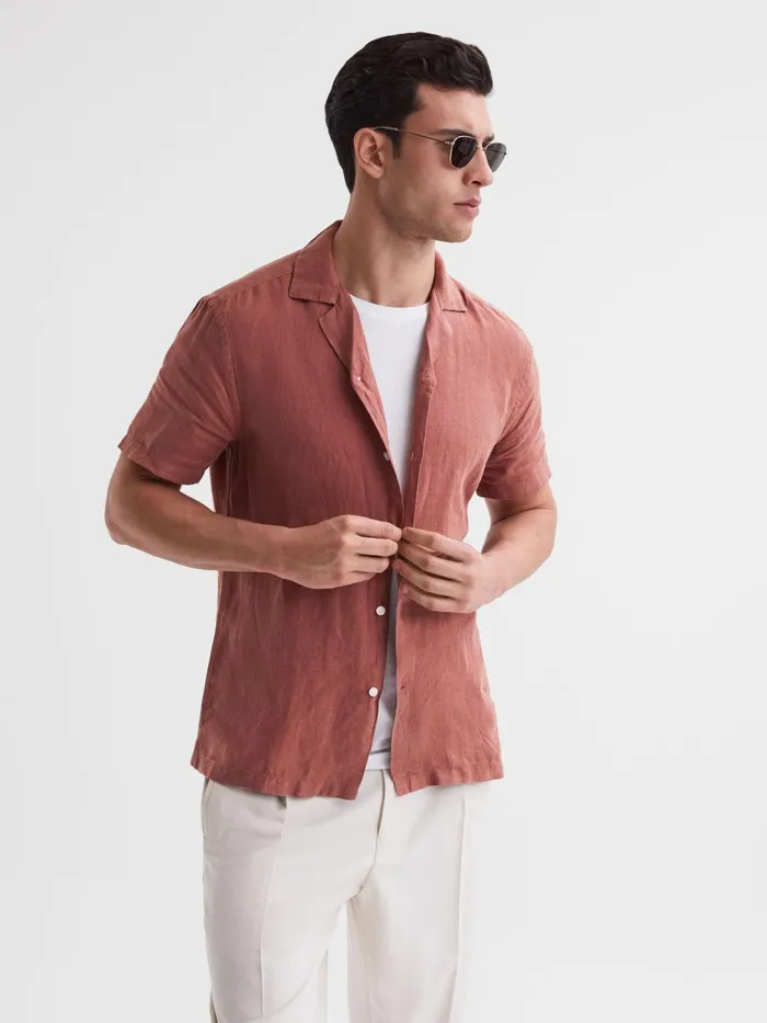 Reiss Shirts Rufus Regular Fit Linen Cuban Collar Shirt Sienna 8211 Men
