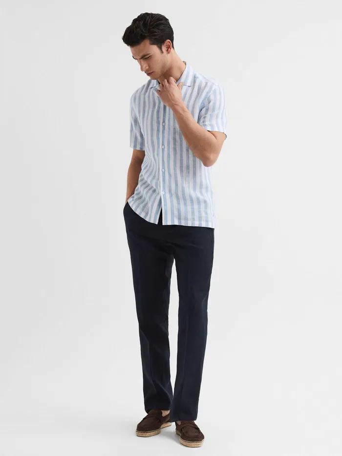 Reiss Shirts Rufus Regular Fit Linen Cuban Collar Shirt Soft Blue Stripe 8211 Men
