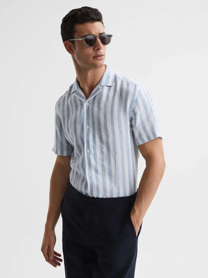 Reiss Shirts Rufus Regular Fit Linen Cuban Collar Shirt Soft Blue Stripe 8211 Men