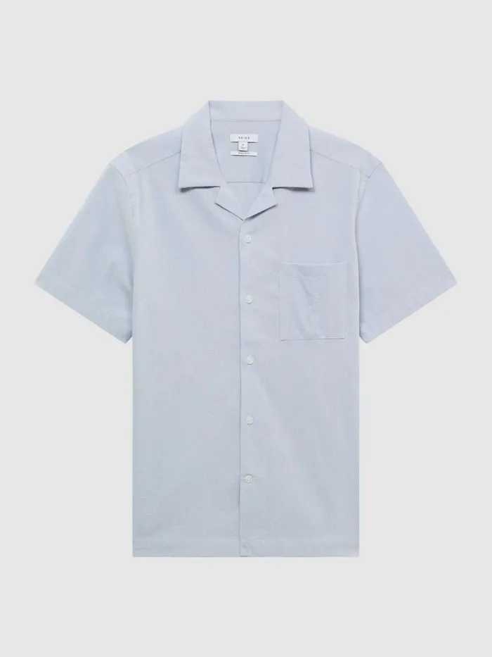 Reiss Shirts Saka Cuban Collar Striped Short Sleeve Shirt Bluewhite 8211 Men