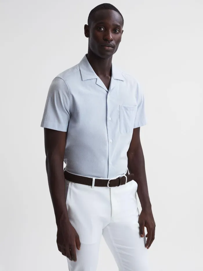 Reiss Shirts Saka Cuban Collar Striped Short Sleeve Shirt Bluewhite 8211 Men