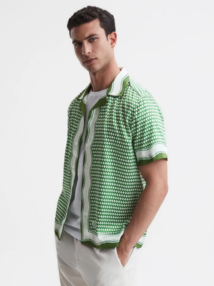 Reiss Shirts Vanpelt Printed Cuban Collar Short Sleeve Shirt Greenivory 8211 Men