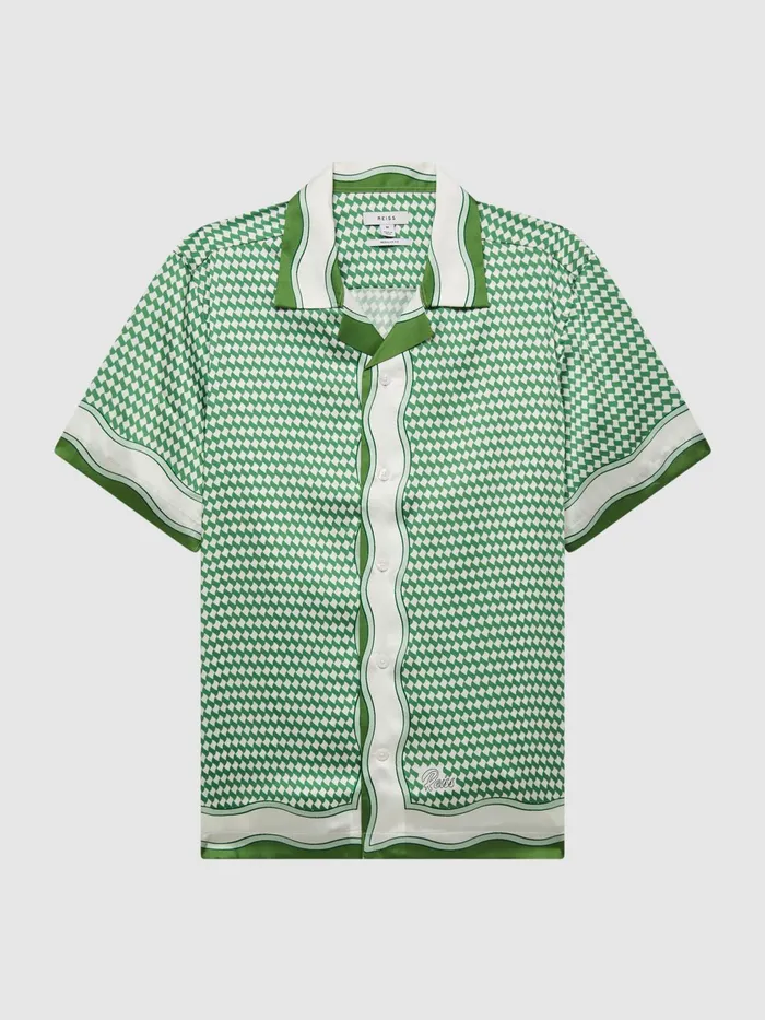 Reiss Shirts Vanpelt Printed Cuban Collar Short Sleeve Shirt Greenivory 8211 Men