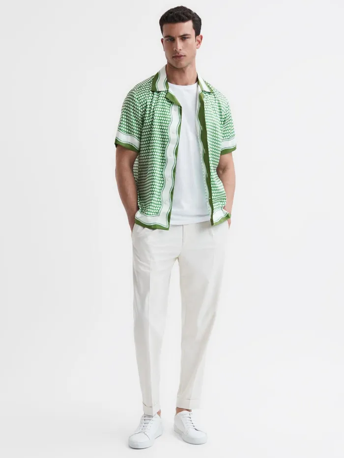 Reiss Shirts Vanpelt Printed Cuban Collar Short Sleeve Shirt Greenivory 8211 Men