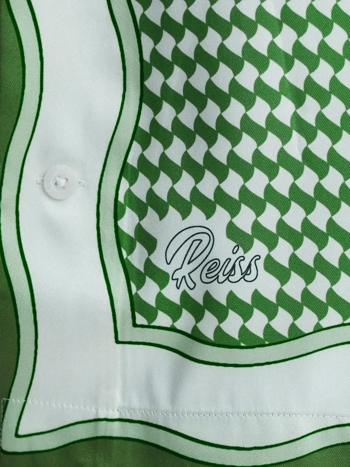 Reiss Shirts Vanpelt Printed Cuban Collar Short Sleeve Shirt Greenivory 8211 Men