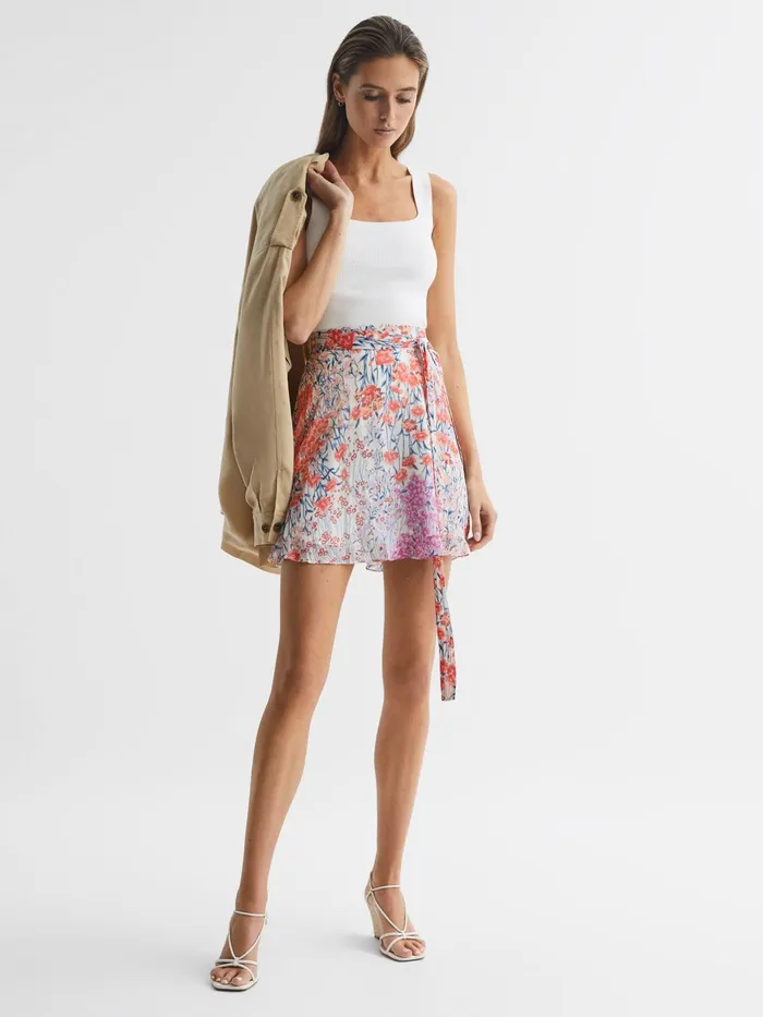 Reiss Skirts Elle Floral Print High Rise Mini Skirt Coralwhite 8211 Women