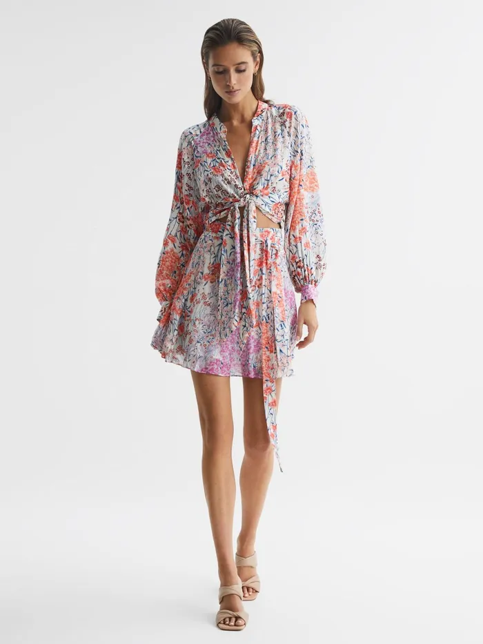 Reiss Skirts Elle Floral Print High Rise Mini Skirt Coralwhite 8211 Women