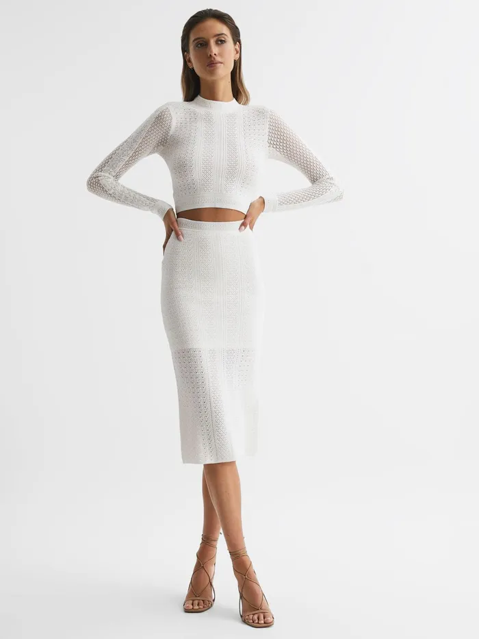 Reiss Skirts Judy Knitted Crochet Midi Skirt CoOrd Ivory 8211 Women