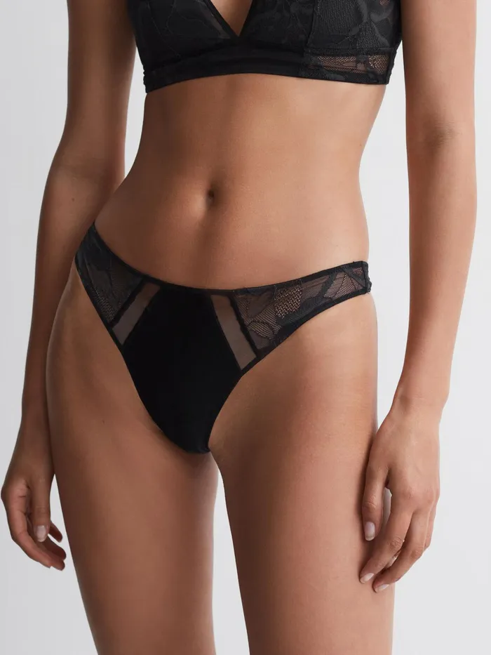 Reiss Socks and Underwear Calvin Klein Underwear Satin Lace Thong Black 8211 Women