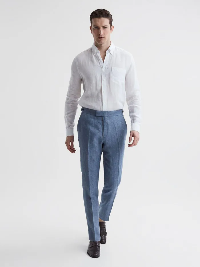Reiss Suits and Tailoring Cheltenham Slim Fit Linen Herringbone Trousers Chambray 8211 Men