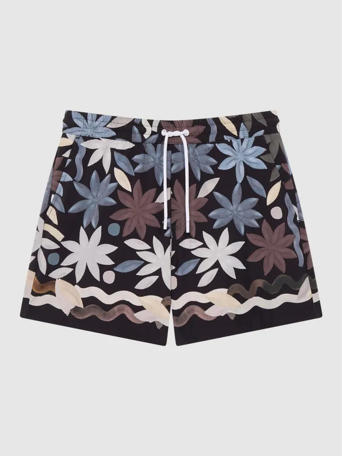 Reiss Swimwear Arizona Floral Print Drawstring Swim Shorts Black Multi 8211 Men