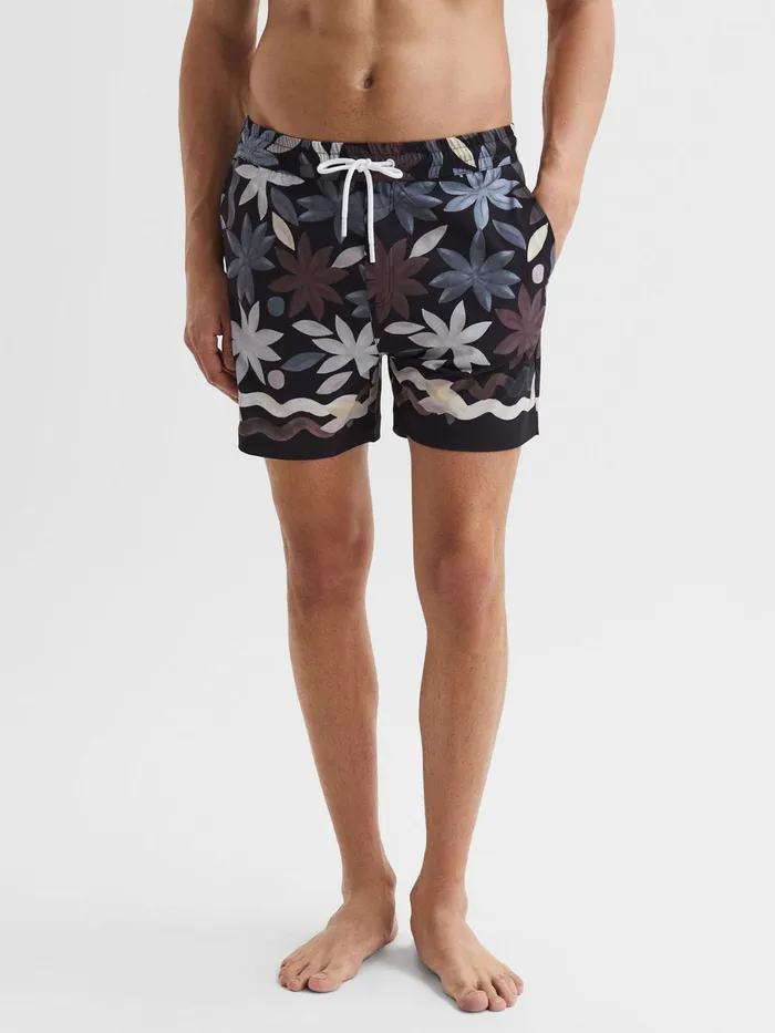 Reiss Swimwear Arizona Floral Print Drawstring Swim Shorts Black Multi 8211 Men
