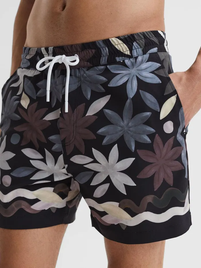 Reiss Swimwear Arizona Floral Print Drawstring Swim Shorts Black Multi 8211 Men