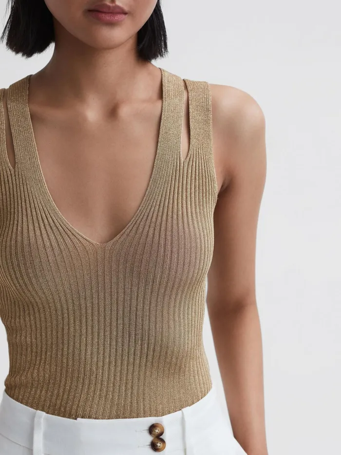 Reiss TShirts and Vests Zina Ribbed Double Strap Metallic Vest Gold 8211 Women Reiss TShirts and Vests Zina Ribbed Double Strap Metallic Vest Gold 8211 Women