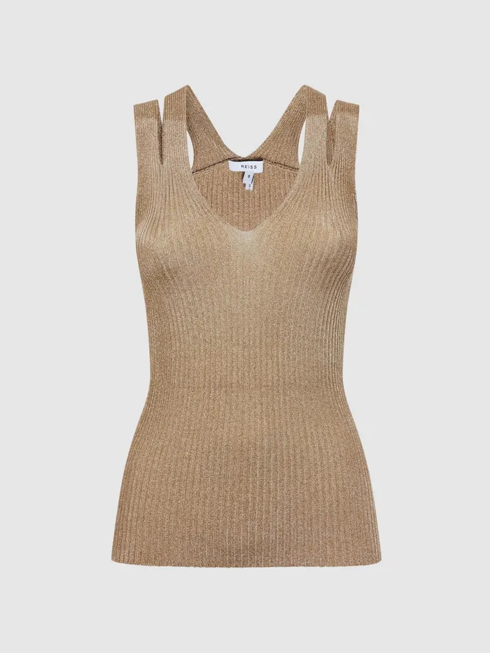 Reiss TShirts and Vests Zina Ribbed Double Strap Metallic Vest Gold 8211 Women