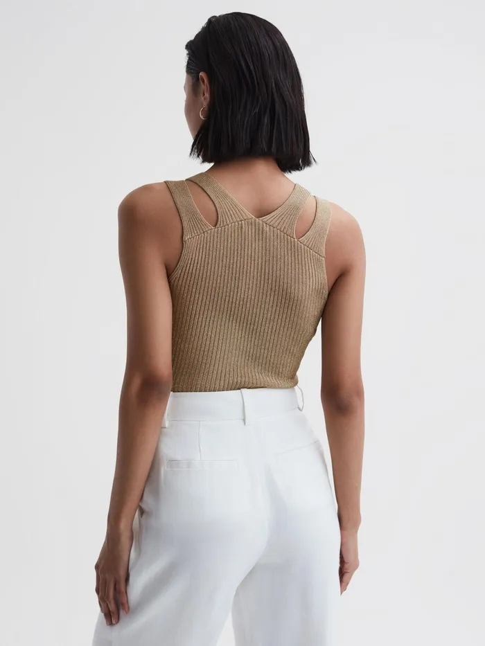 Reiss TShirts and Vests Zina Ribbed Double Strap Metallic Vest Gold 8211 Women