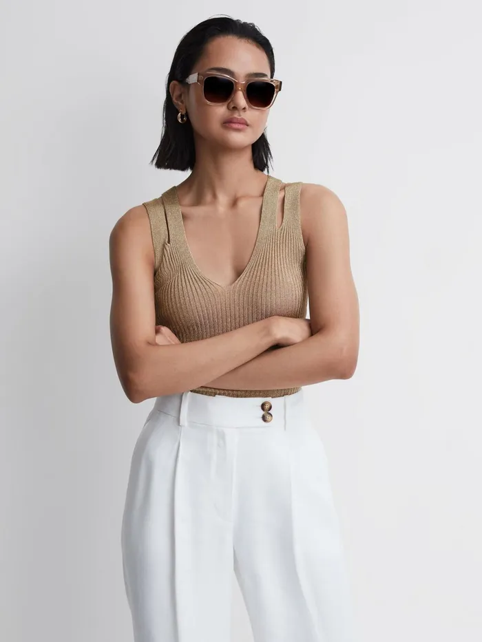 Reiss TShirts and Vests Zina Ribbed Double Strap Metallic Vest Gold 8211 Women