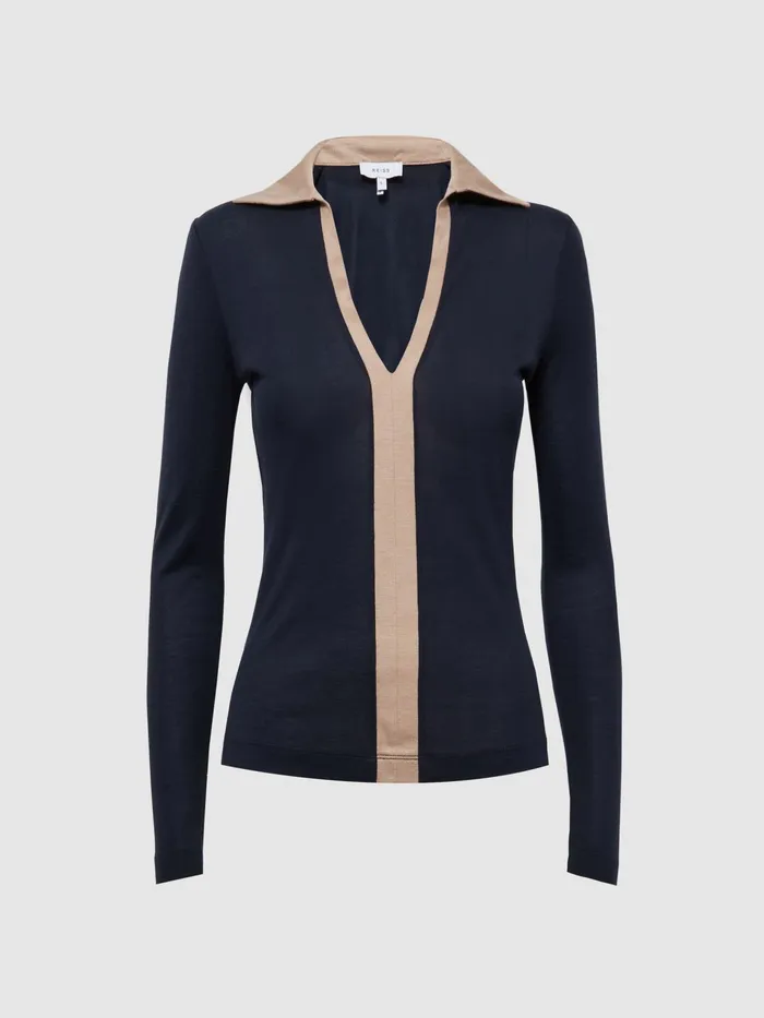 Reiss Tops Allie Collared VNeck Top Navycamel 8211 Women