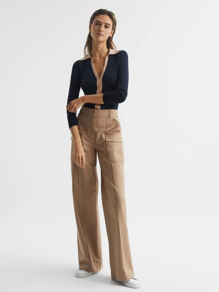 Reiss Tops Allie Collared VNeck Top Navycamel 8211 Women