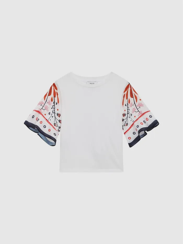 Reiss Tops and Tshirts Anastasia Flared Printed Sleeve TShirt White 8211 Children