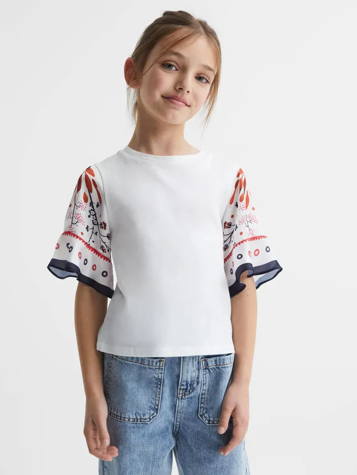 Reiss Tops and Tshirts Anastasia Flared Printed Sleeve TShirt White 8211 Children
