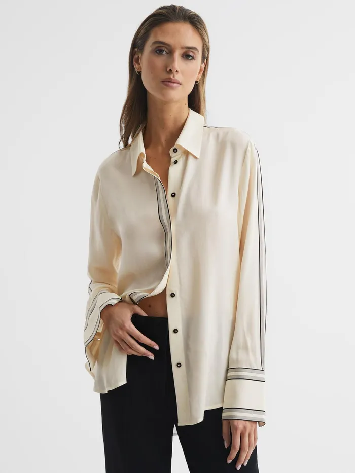 Reiss Tops Bailey Fitted Side Striped Dip Hem Blouse Ivory 8211 Women