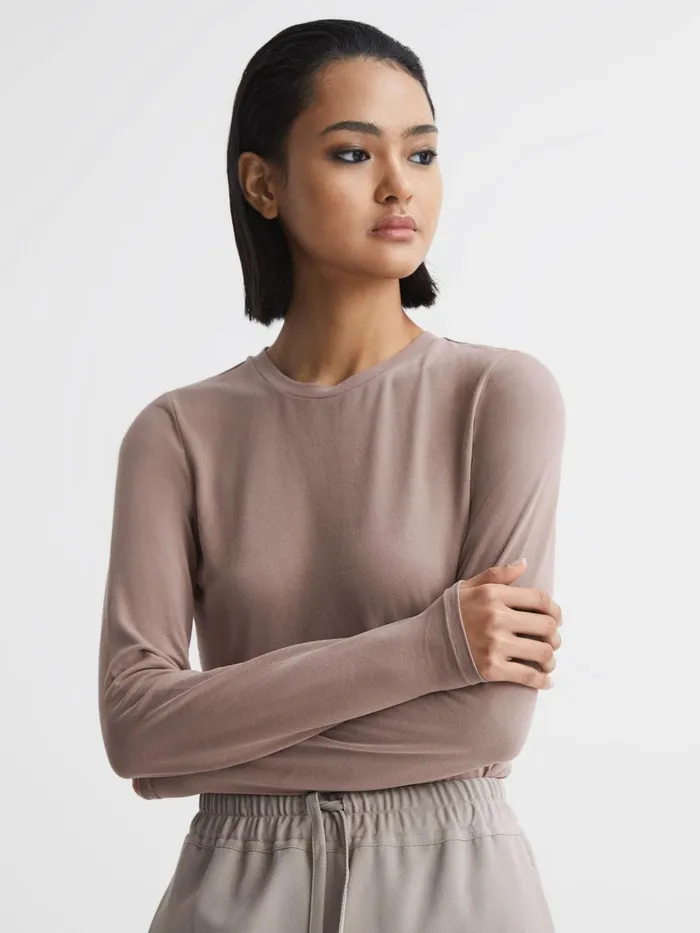 Reiss Tops Bebe Long Sleeve Crew Neck Top Taupe 8211 Women