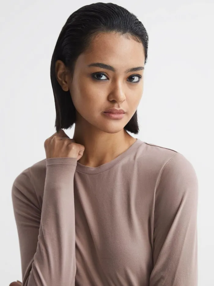 Reiss Tops Bebe Long Sleeve Crew Neck Top Taupe 8211 Women