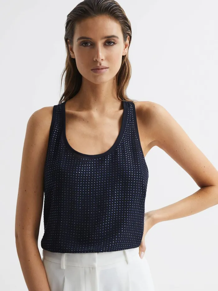 Reiss Tops Brooklyn Embellished Scoop Neck Vest Navy 8211 Women