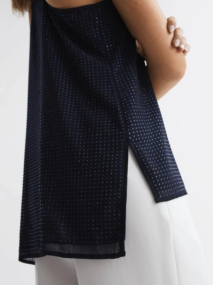 Reiss Tops Brooklyn Embellished Scoop Neck Vest Navy 8211 Women