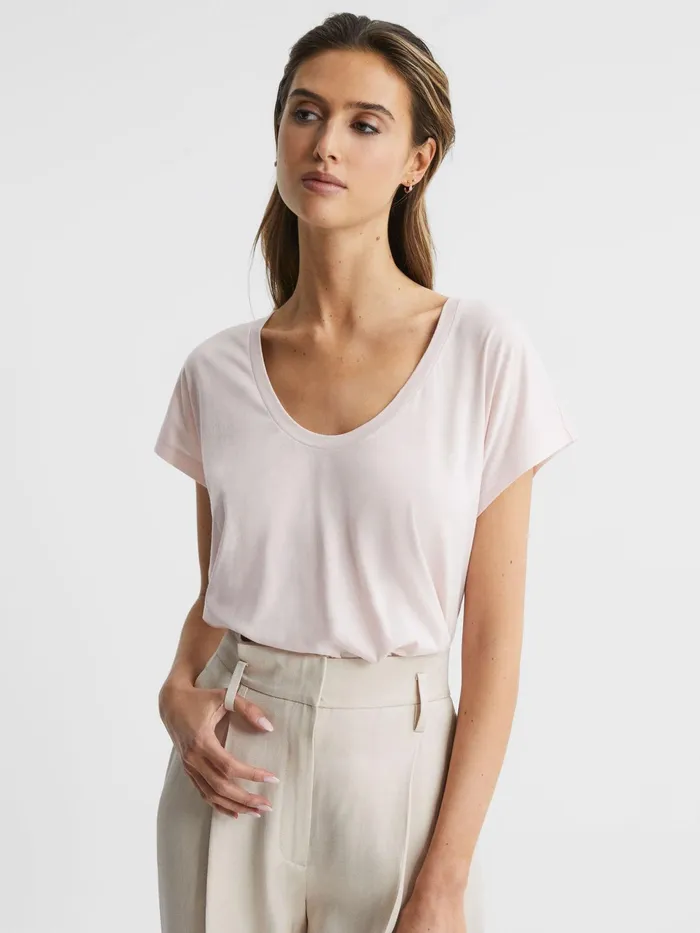 Reiss Tops Caia Scoop Neck Pima Cotton TShirt Light Pink 8211 Women