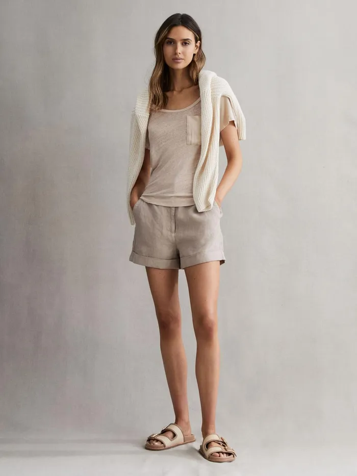 Reiss Tops Camilla Linen Short Sleeve TShirt Stone 8211 Women