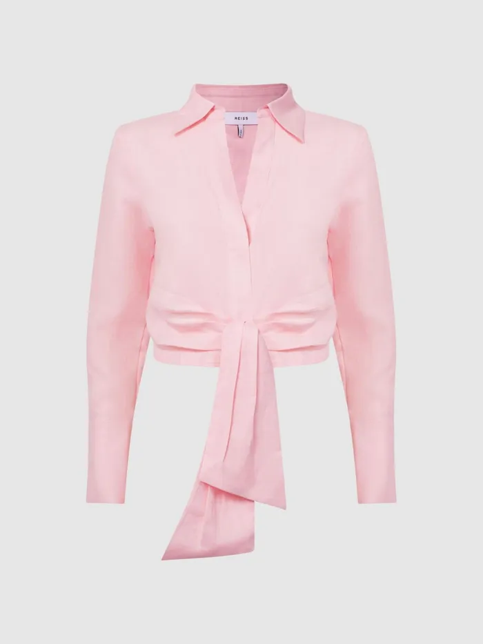 Reiss Tops Dahlia Linen Cropped Tie Front Blouse Pink 8211 Women