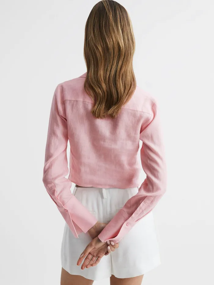 Reiss Tops Dahlia Linen Cropped Tie Front Blouse Pink 8211 Women