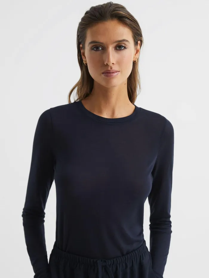 Reiss Tops Drew Long Sleeve Crew Neck Top Navy 8211 Women