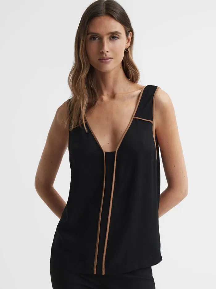Reiss Tops Jessy Sleeveless VNeck Vest Blackcamel 8211 Women