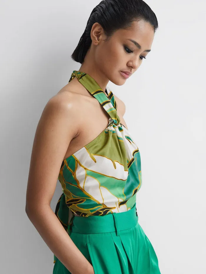 Reiss Tops Luna Printed Halter Neck Crop Top Green 8211 Women