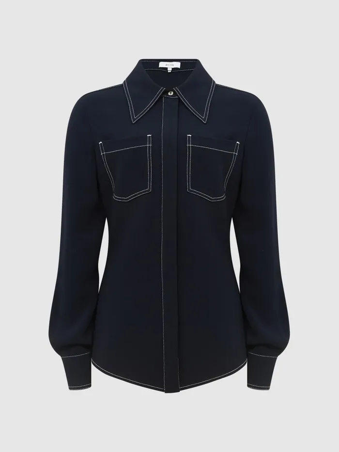 Reiss Tops Natalia Stitch Detail Fitted Shirt Navy 8211 Women