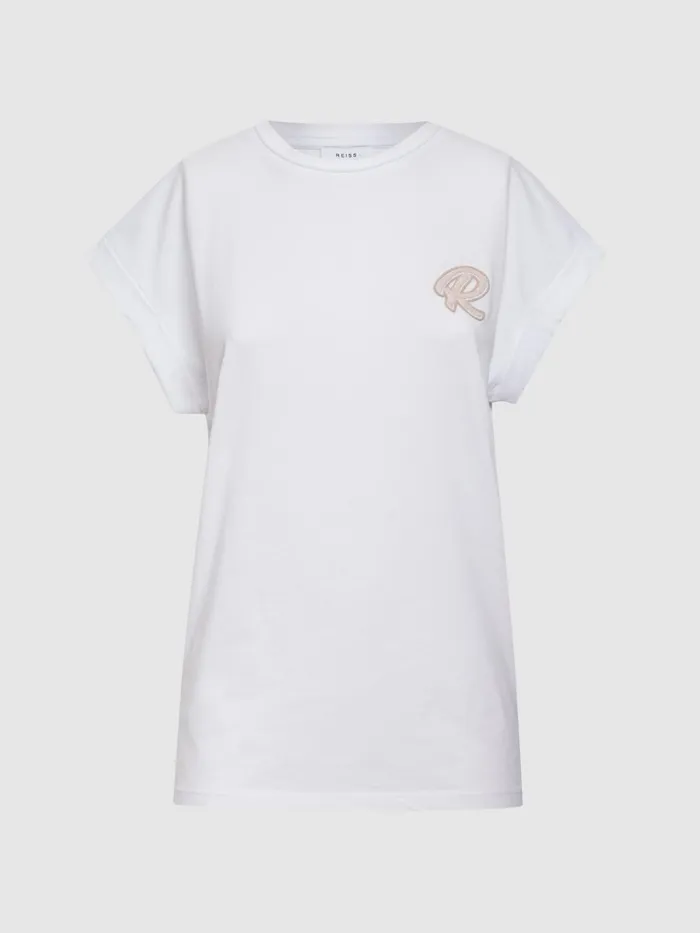 Reiss Tops Tara Cotton Motif Crew Neck TShirt White 8211 Women