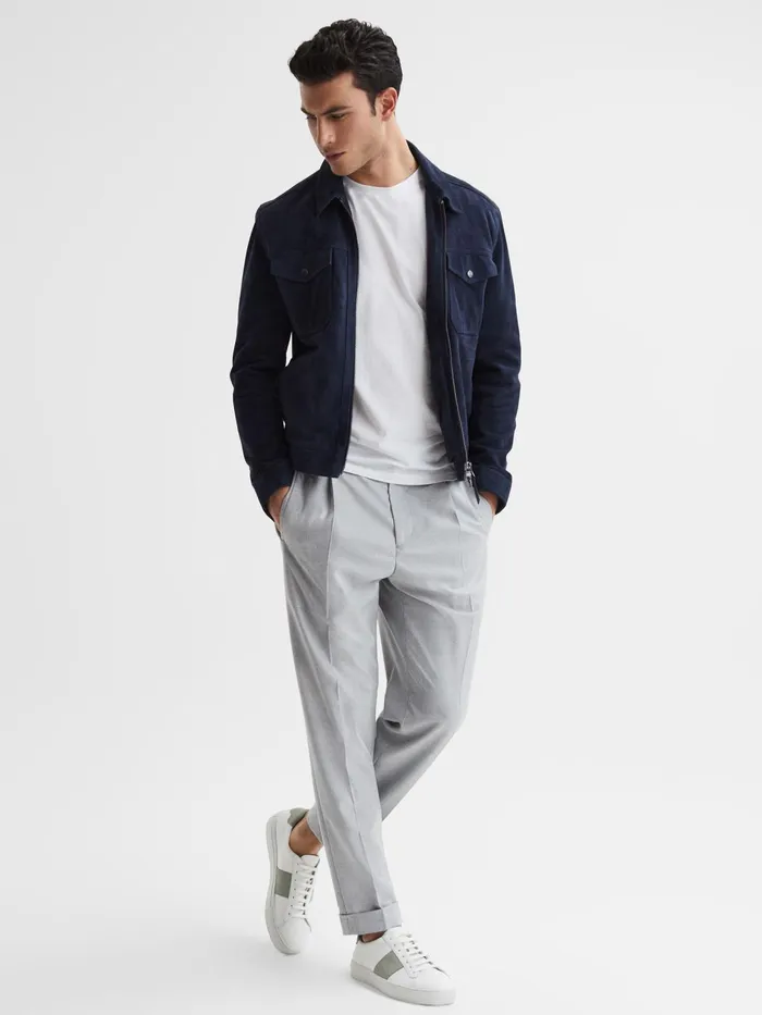 Reiss Trainers Finley Stripe Leather Trainers Whitesage 8211 Men