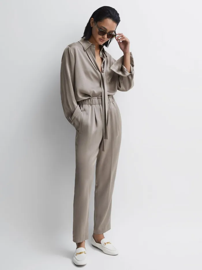 Reiss Trousers Elaina Satin Elasticated Tapered Trousers Mink 8211 Women